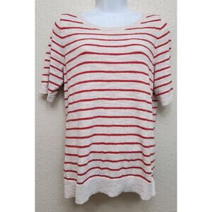 Loft Red Cream Striped Tight Knit Top Large Lightweight Soft Stretch Round Neck